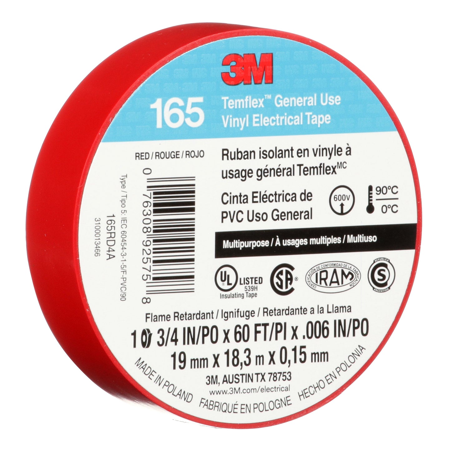 Cinta Aislante Roja 3M™ Temflex™ 165, 19 mm x 18 m