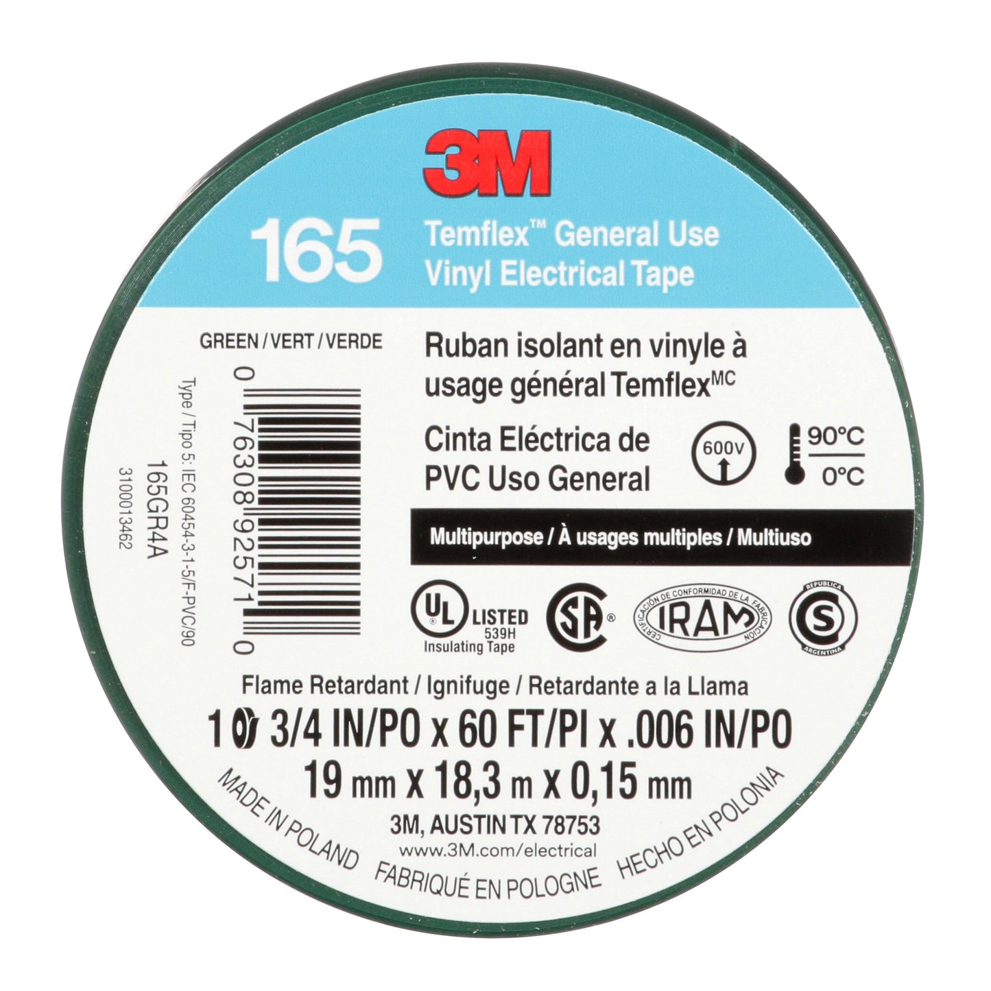 Cinta Aislante Verde 3M™ Temflex™ 165, 19 mm x 18 m