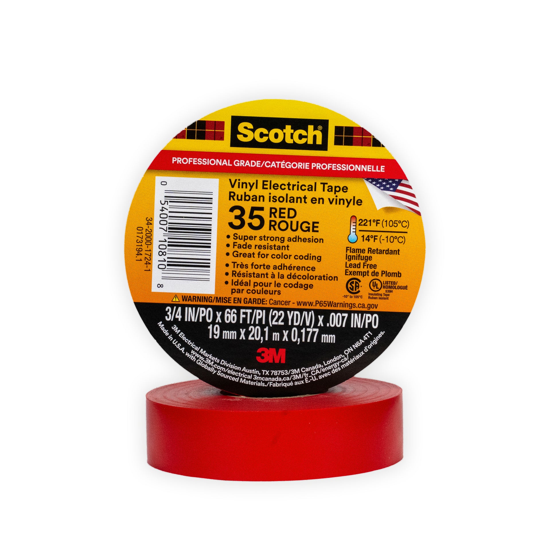 Cinta aislante roja 3M Scotch 35 de 19 mm x 20.1 m para identificación de fases